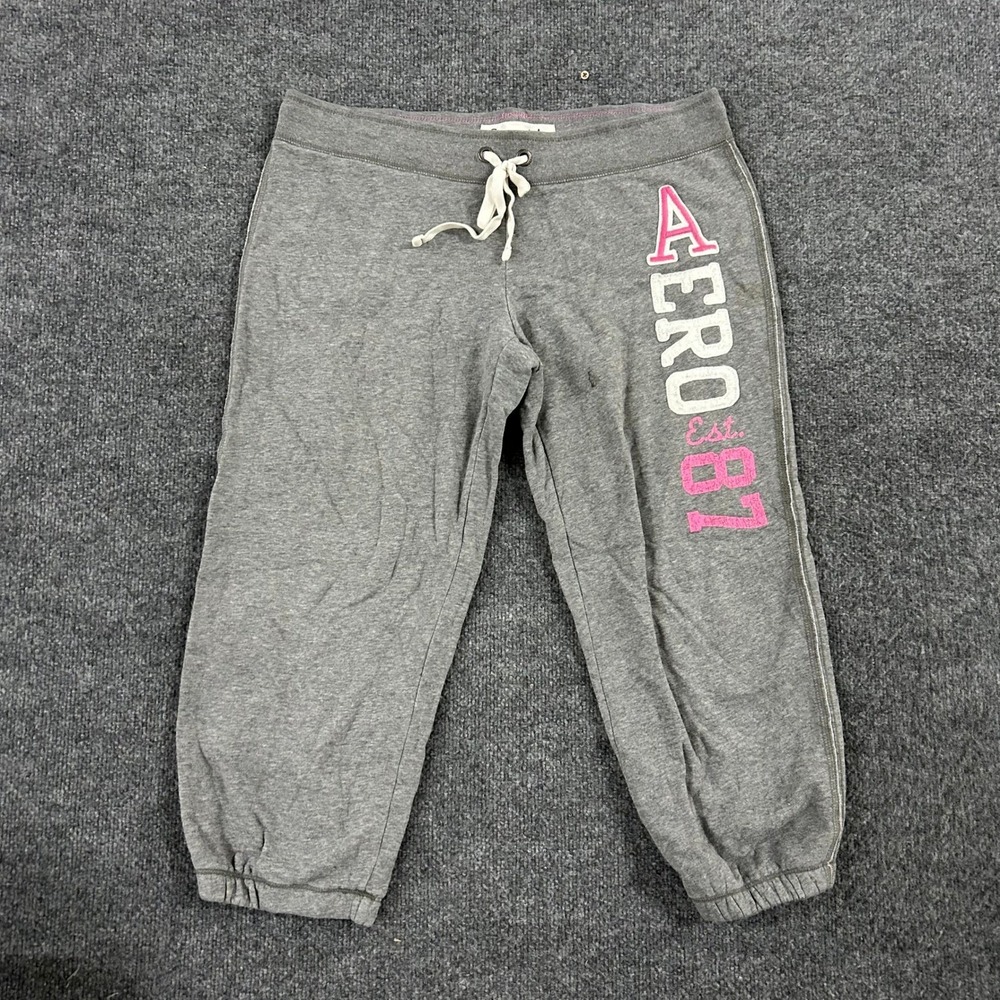 Aeropostale Sweatpants Womens Size L Gray Cropped Logo Graphic Joggers Casual